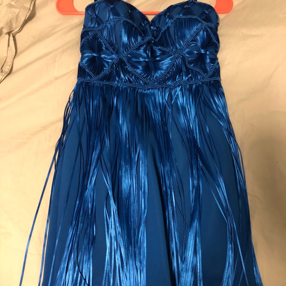 Bebe silk blue fringe bodycon dress
